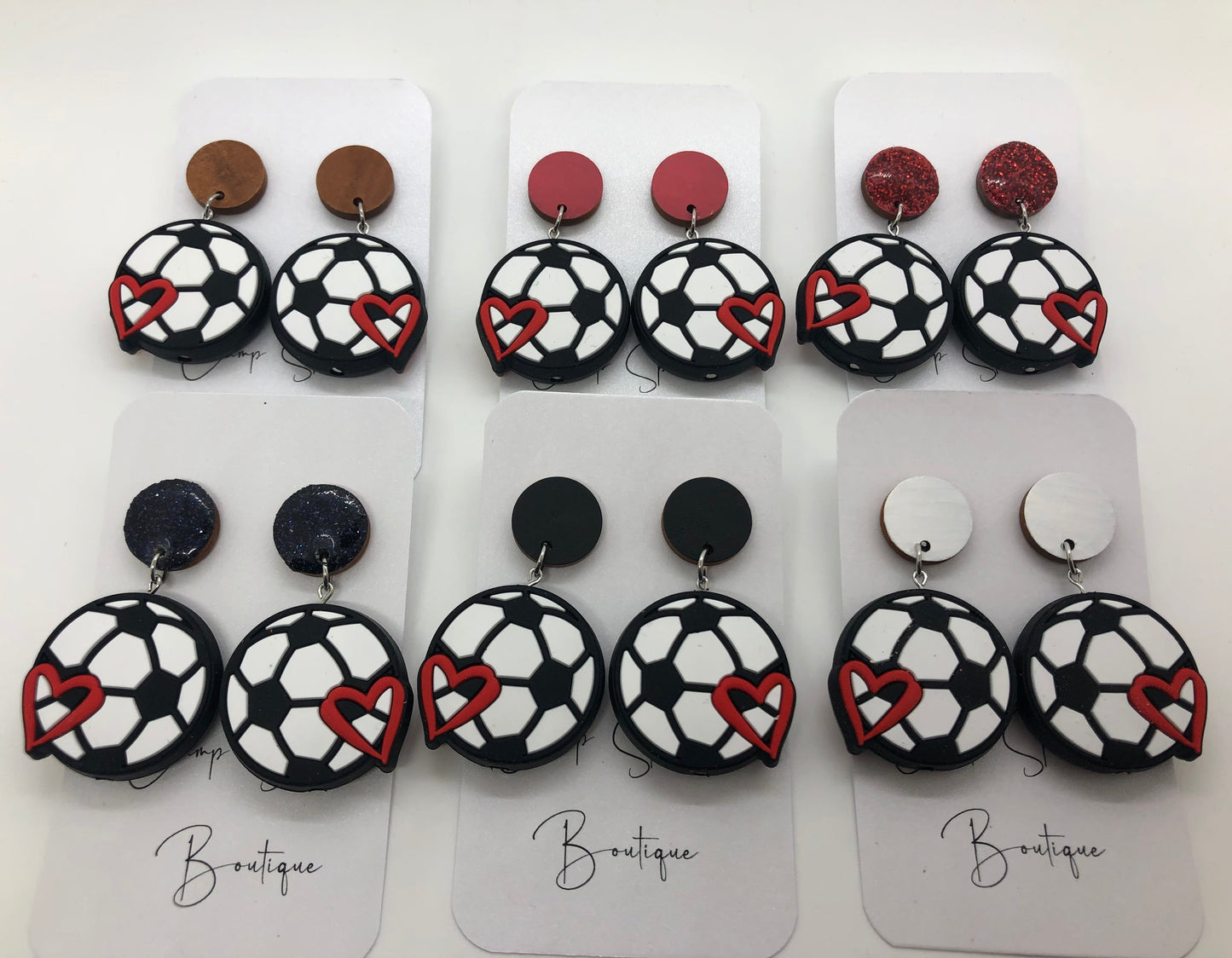 Soccer earrings-dangles-red posts-heart