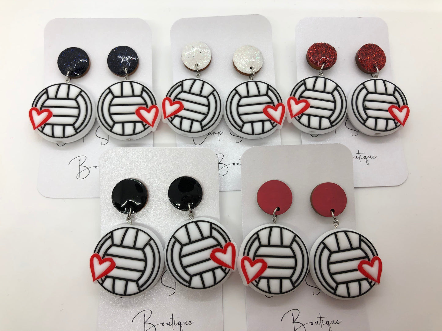Volleyball earrings-dangle-white sparkle posts-heart