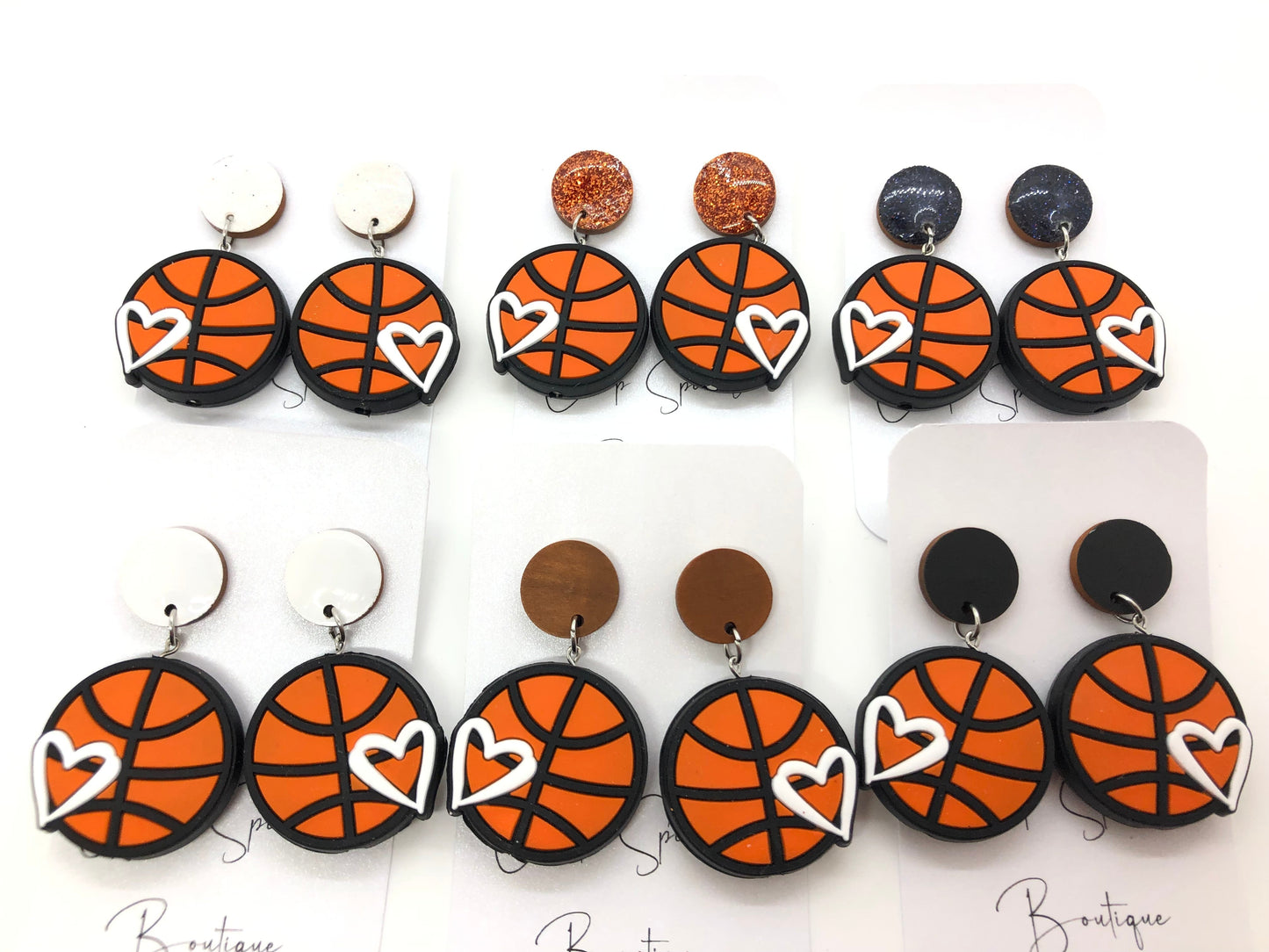 Basketball earrings-dangles-orange sparkle posts-heart
