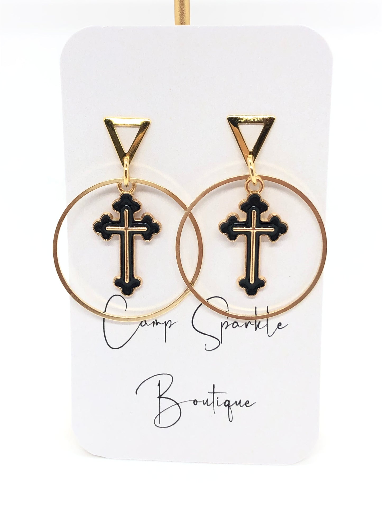 Cross earrings-dangles-black-gold