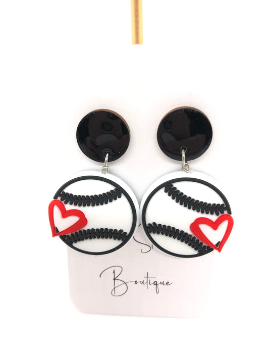 Baseball earrings-dangles-black circle posts-heart