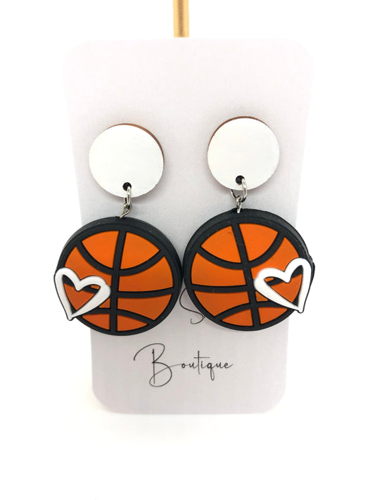 Basketball earrings-dangles-white posts-heart