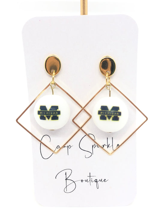 University of Michigan earrings-dangle-gold posts-diamond