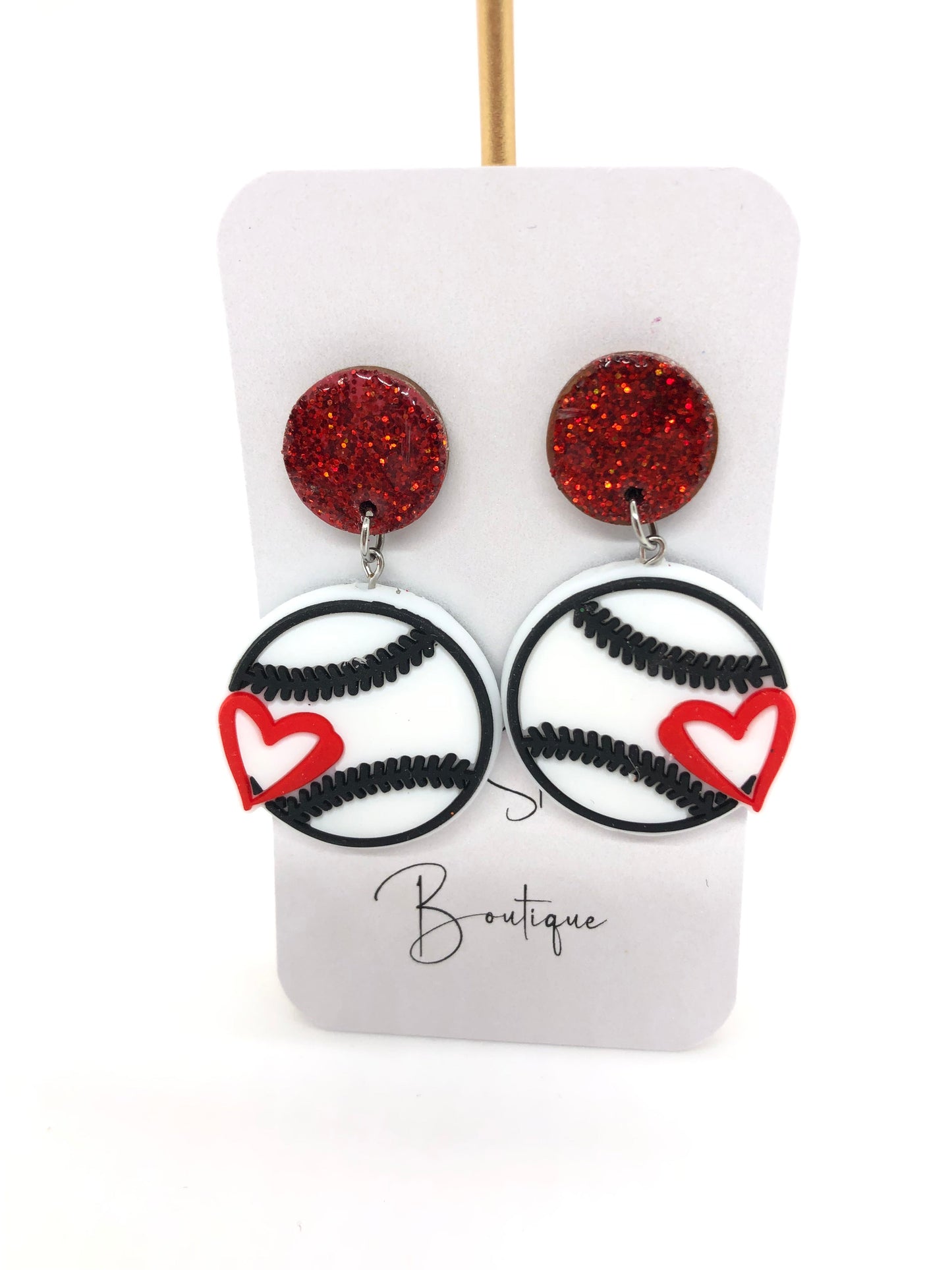 Baseball earrings-dangles-red sparkle circle posts-heart