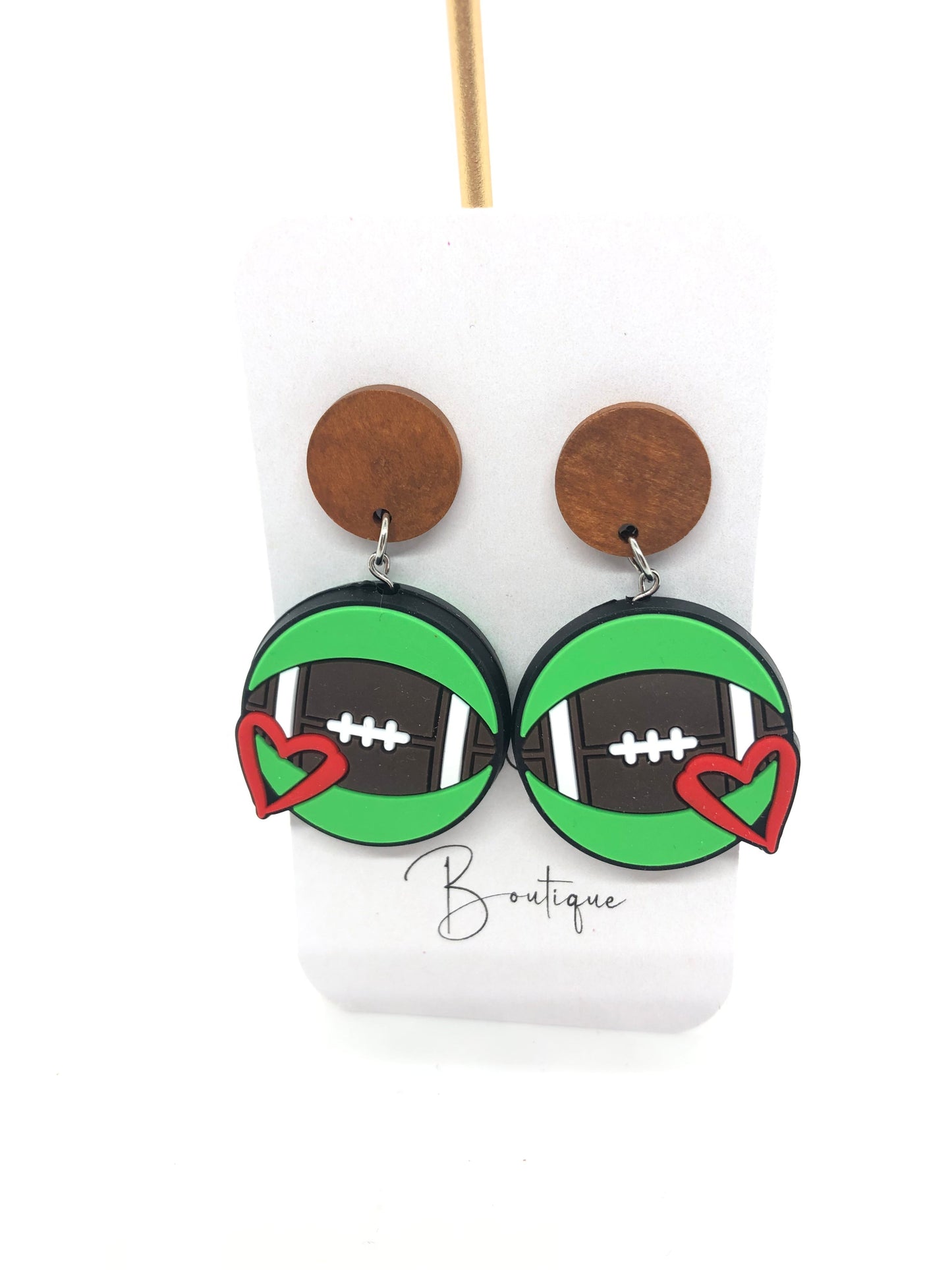 Football earrings-dangles-brown wood posts-heart