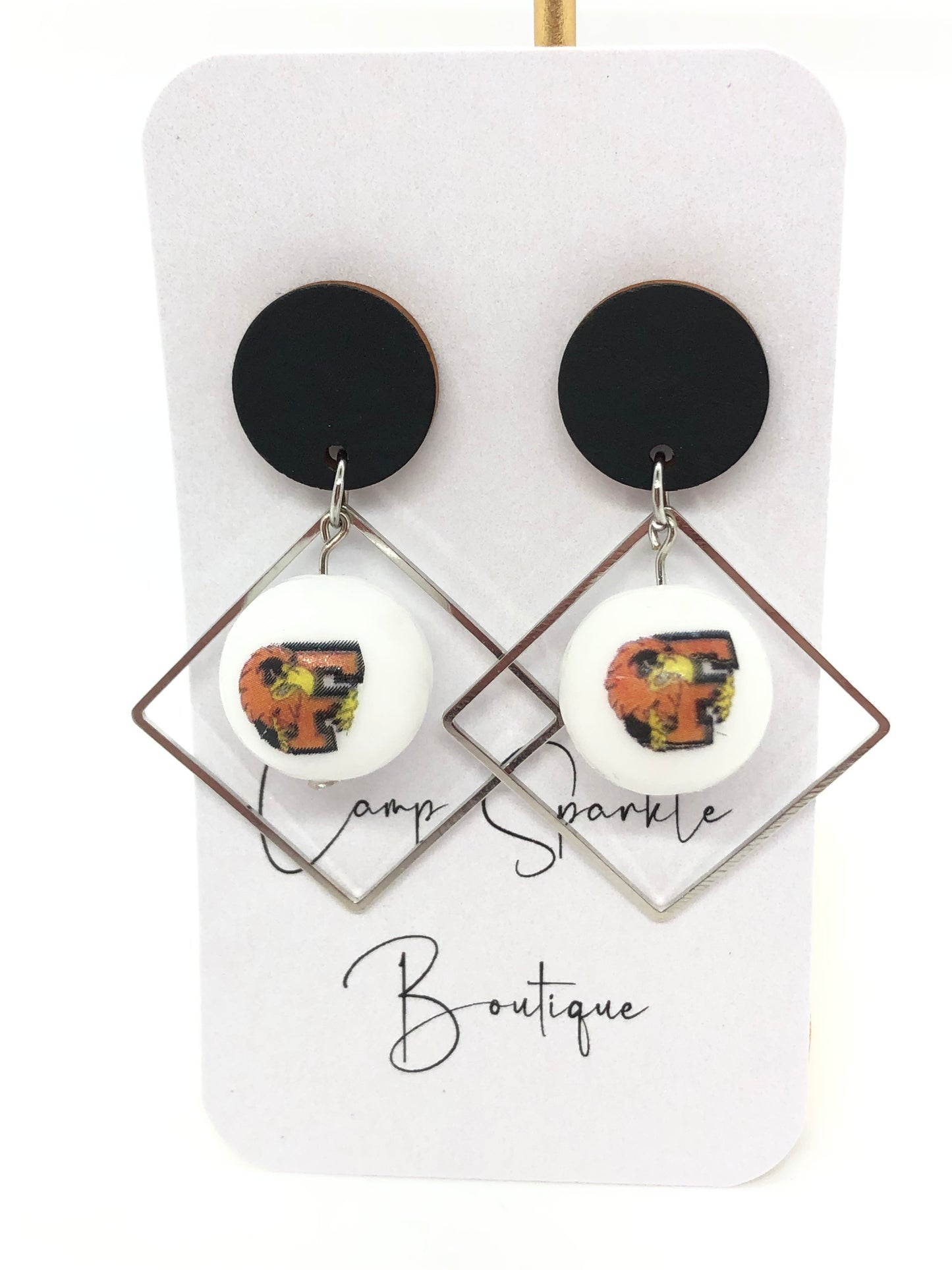 Flushing Raiders-earrings-dangles-black circle posts-diamond