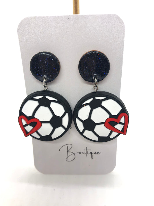 Soccer earrings-dangles-black sparkle posts-heart