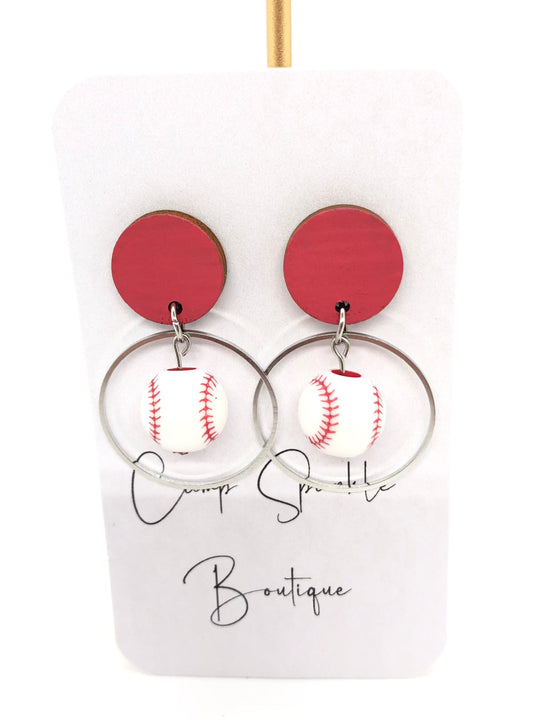 Baseball earrings-dangles-red circle