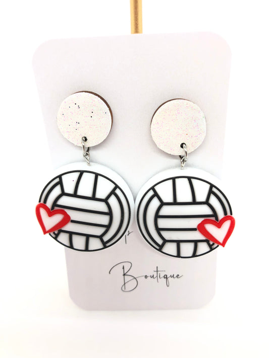 Volleyball earrings-dangle-white sparkle posts-heart