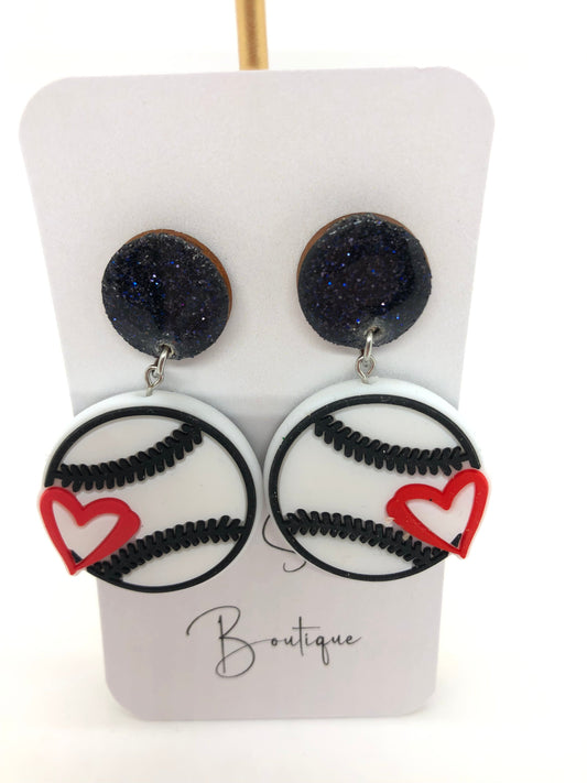 Baseball earrings-dangles-black sparkle circle posts-heart