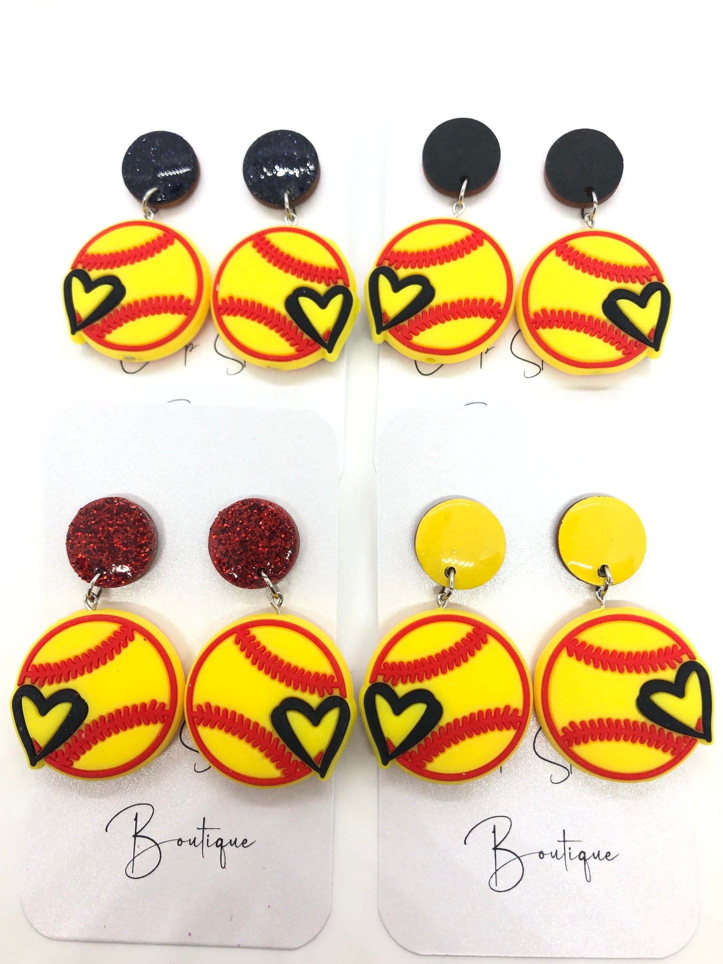 Softball earrings-dangle-yellow posts-heart