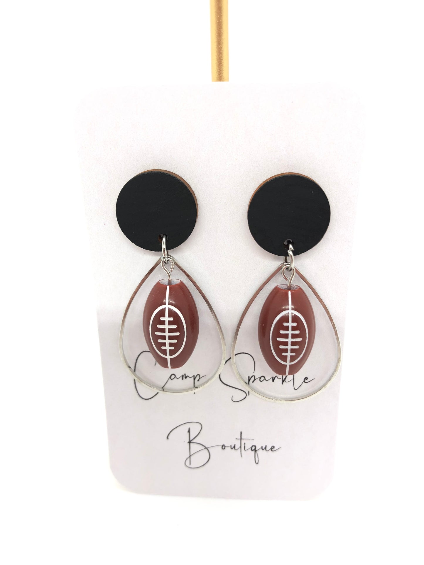 Football earrings-dangles-black circle posts