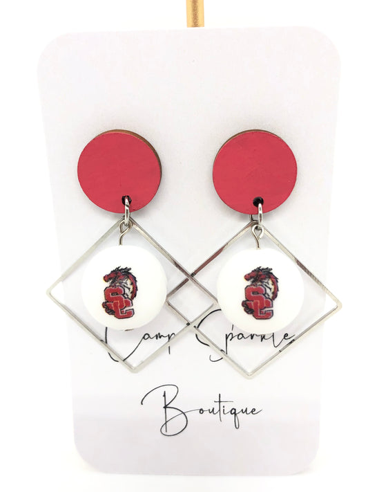 Swartz Creek Dragons earrings-dangles-red circle posts-diamond