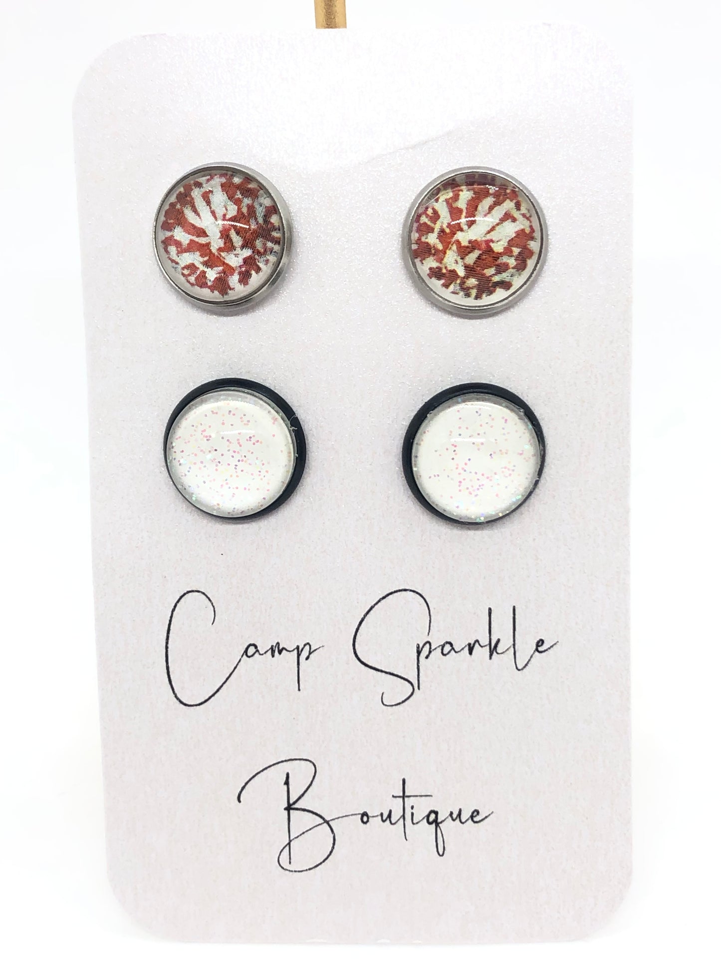 Pom poms earrings-posts-red-double set