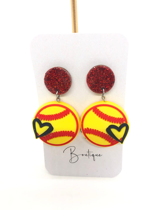 Softball earrings-dangle-red sparkle posts-heart