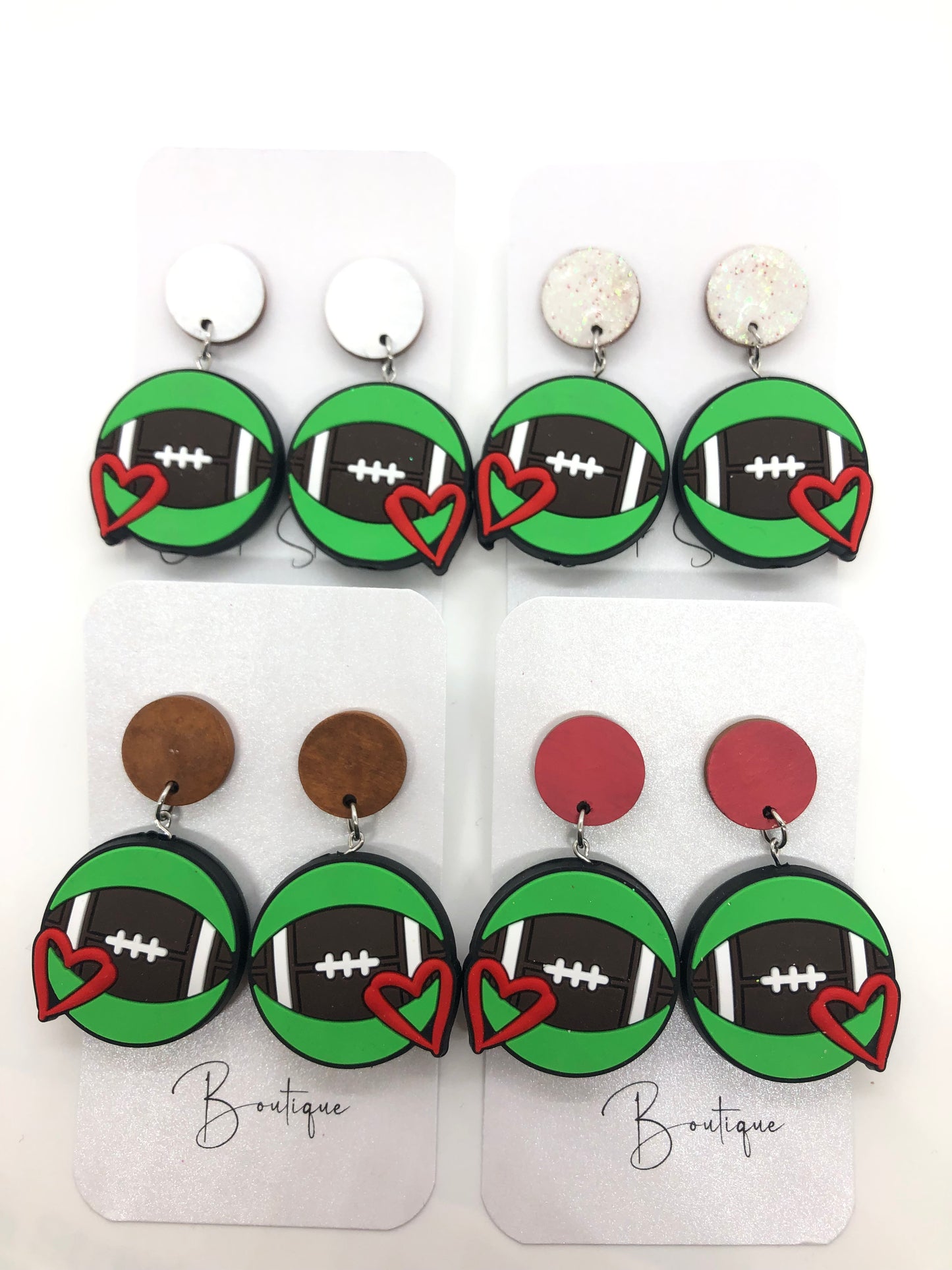 Football earrings-dangles-white posts-heart