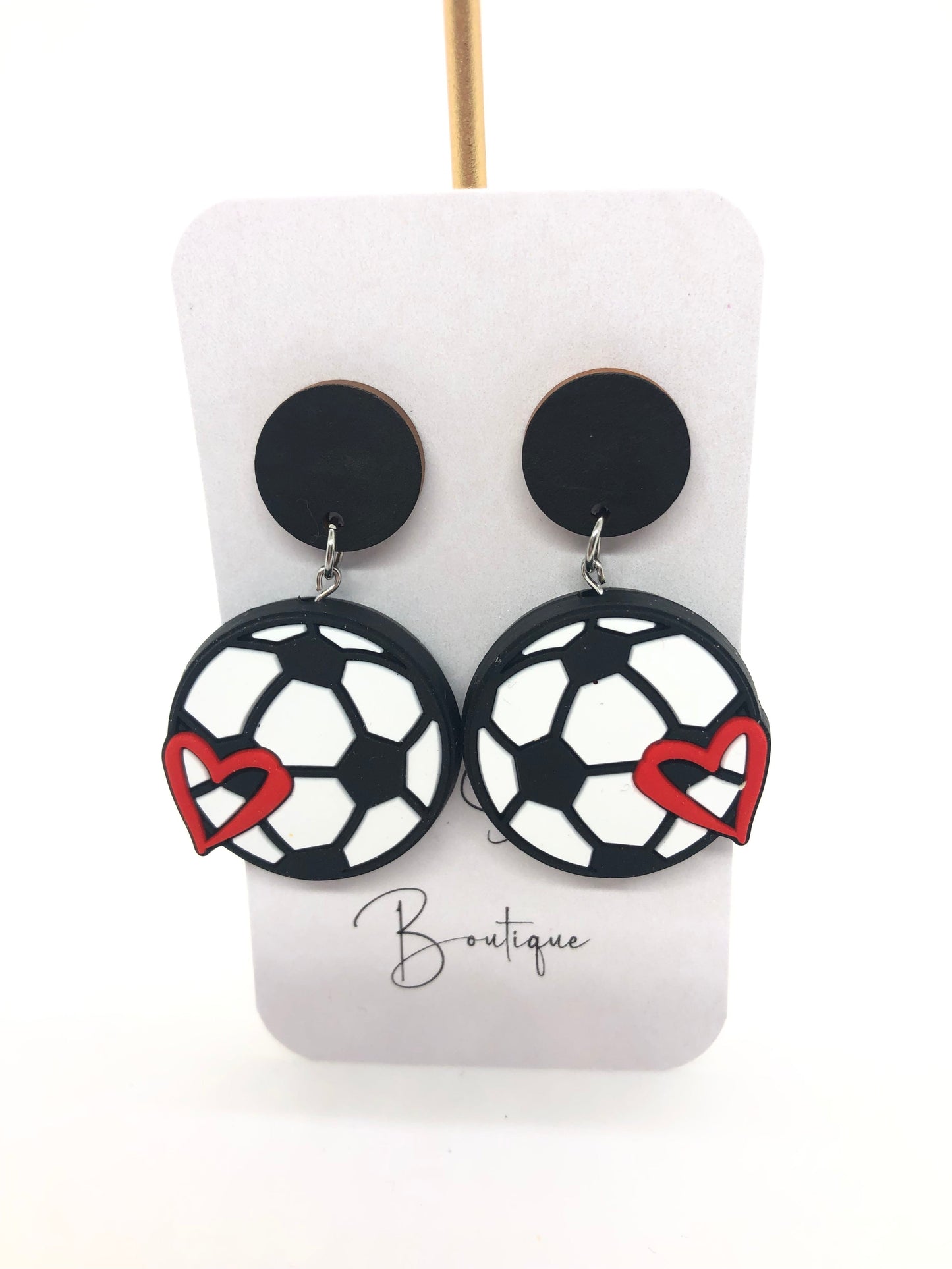 Soccer earrings-dangles-black posts-heart