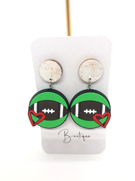 Football earrings-dangles-white sparkle posts-heart