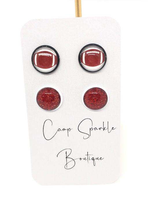 Football earrings-posts-red glitter-double set