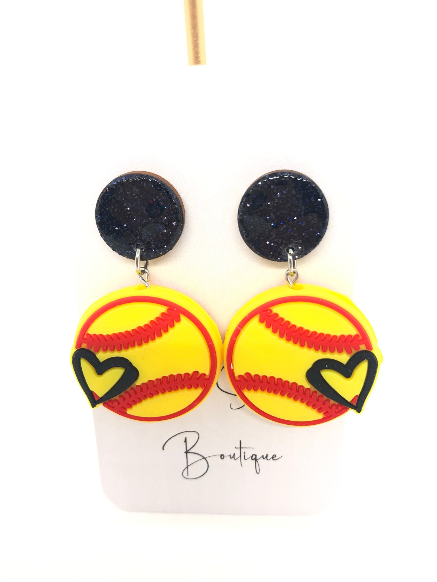 Softball earrings-dangle-black sparkle posts-heart