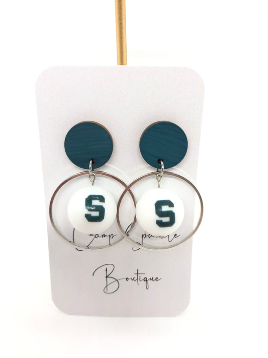 Michigan State earrings-dangles-green circle posts