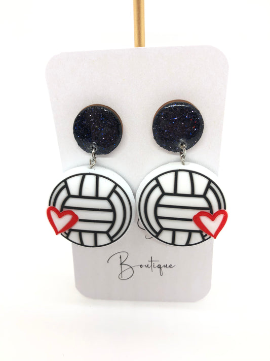 Volleyball earrings-dangle-black sparkle posts-heart