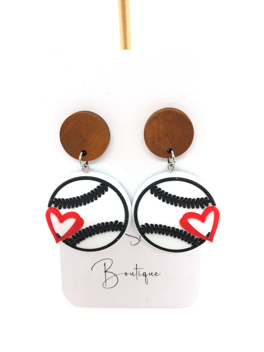 Baseball earrings-dangles-brown wood circle posts-heart