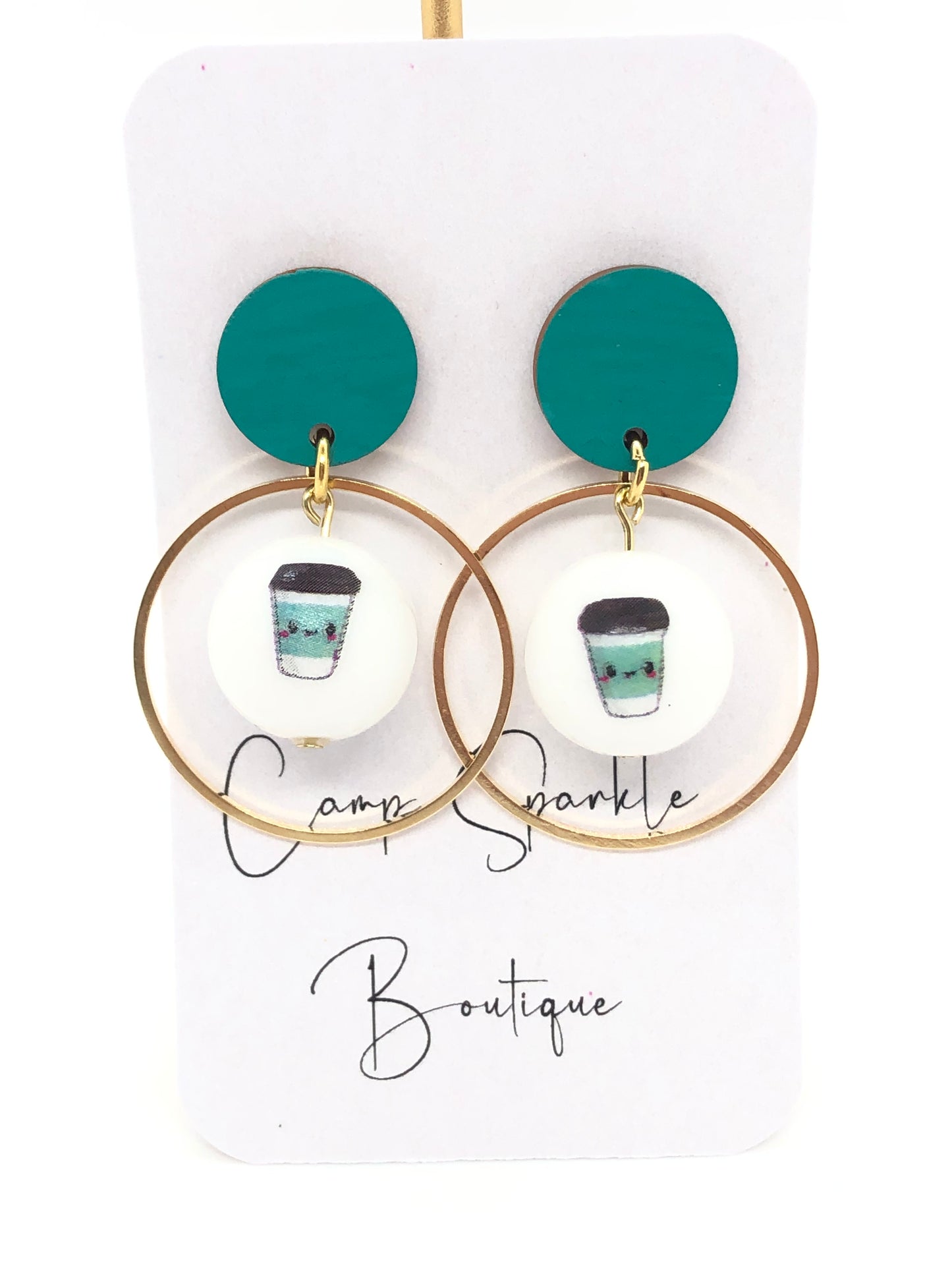 Coffee cup earrings-dangle-green posts-gold circles