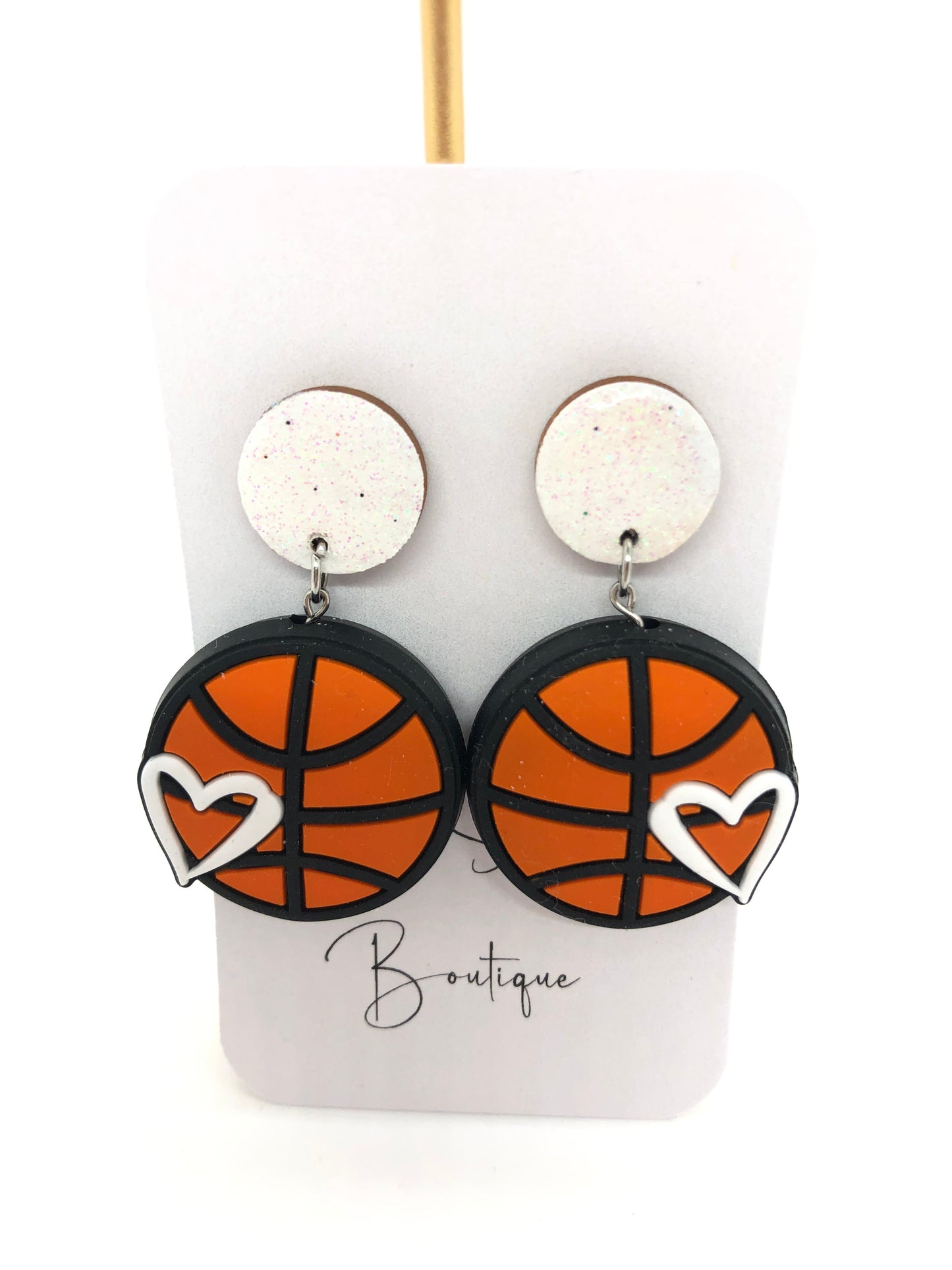 Basketball earrings-dangles-white sparkle posts-heart