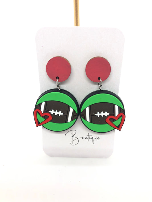 Football earrings-dangles-red posts-heart