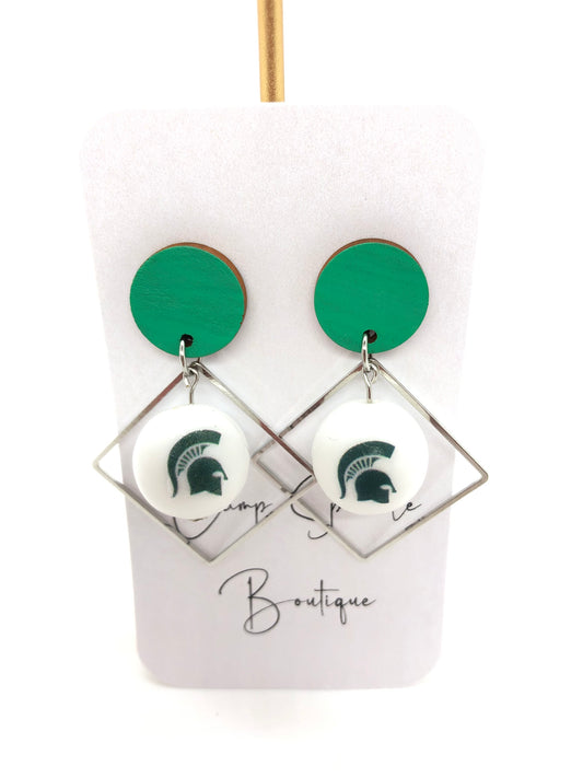 Michigan State Spartans earrings-dangles-green circle posts-diamond