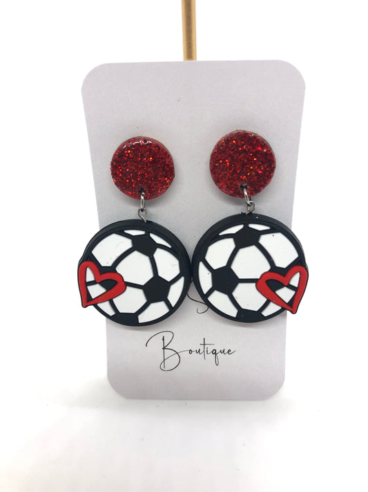 Soccer earrings-dangles-red sparkle posts-heart