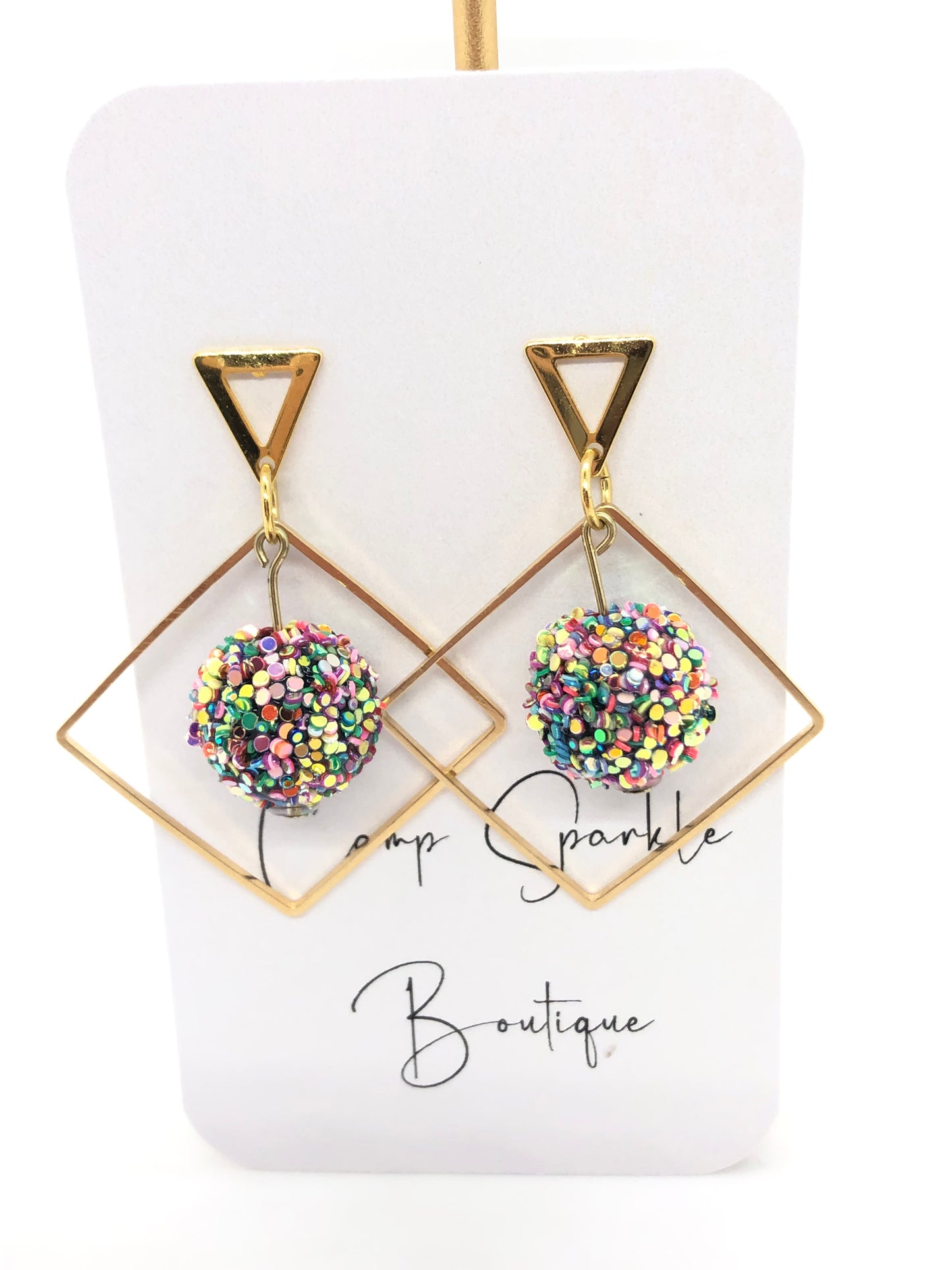 Rainbow confetti ball earrings-dangles-square-gold