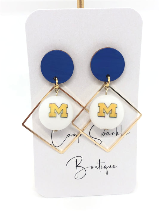 University of Michigan earrings-dangle-blue circle posts-diamond