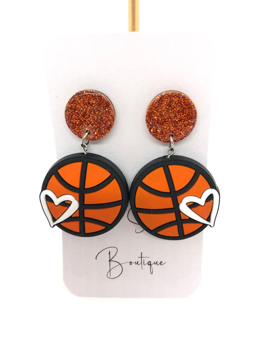 Basketball earrings-dangles-orange sparkle posts-heart