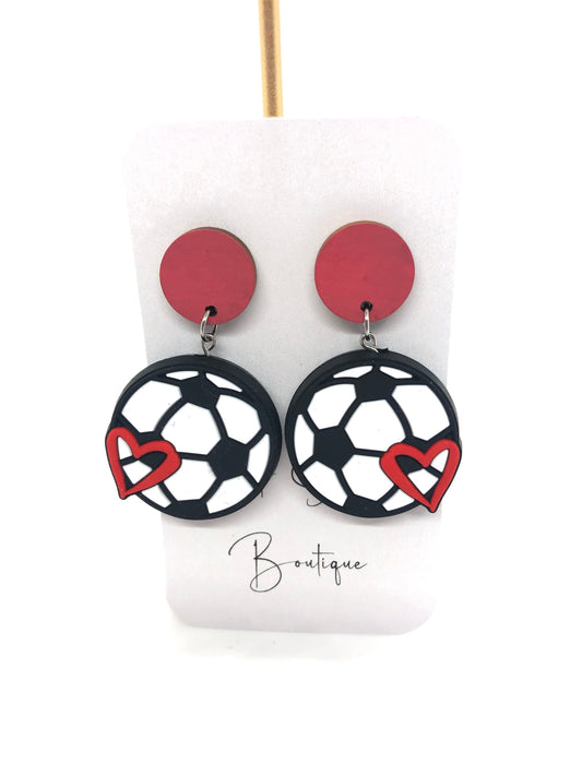 Soccer earrings-dangles-red posts-heart