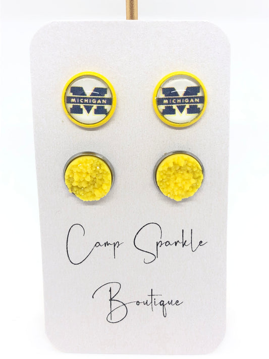 University of Michigan earrings-posts-blue M-double set