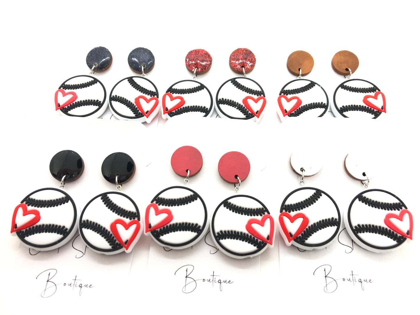 Baseball earrings-dangles-white circle posts-heart