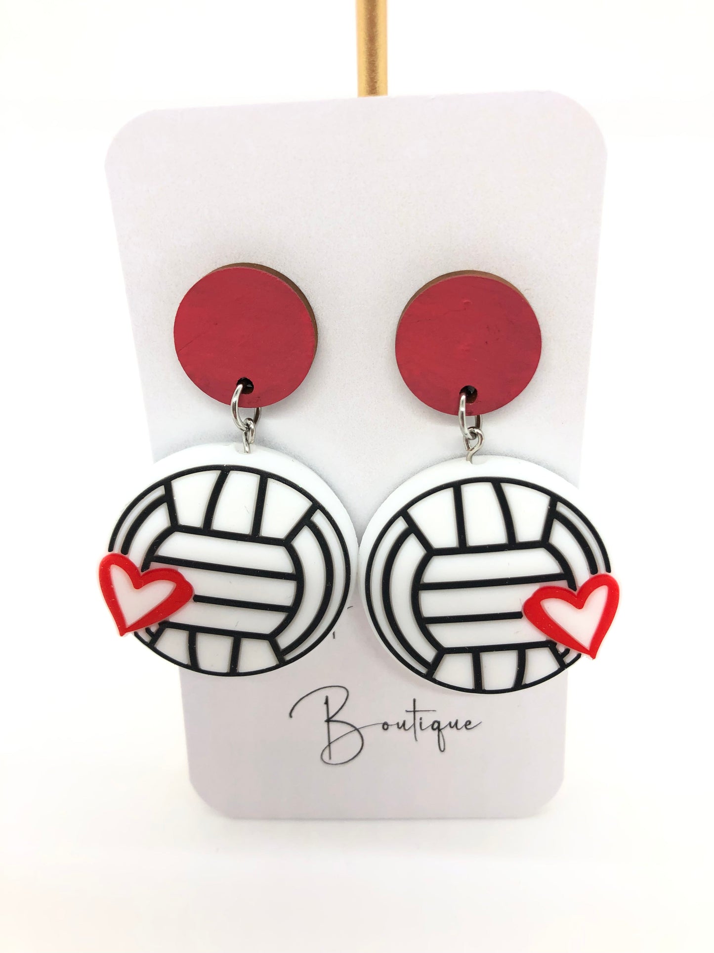 Volleyball earrings-dangle-red posts-heart