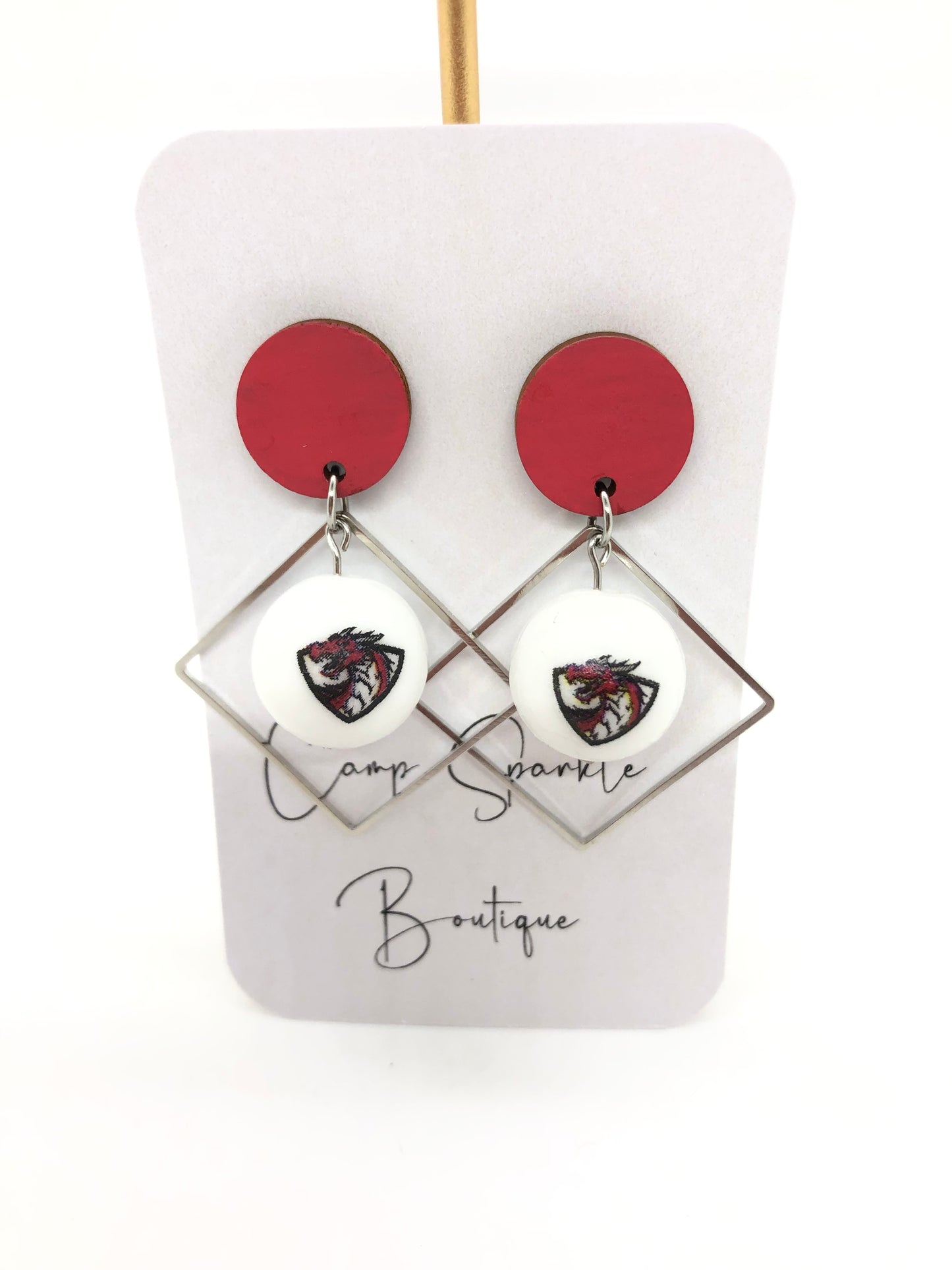 Swartz Creek Dragons earrings-dangles-red circle posts-diamond