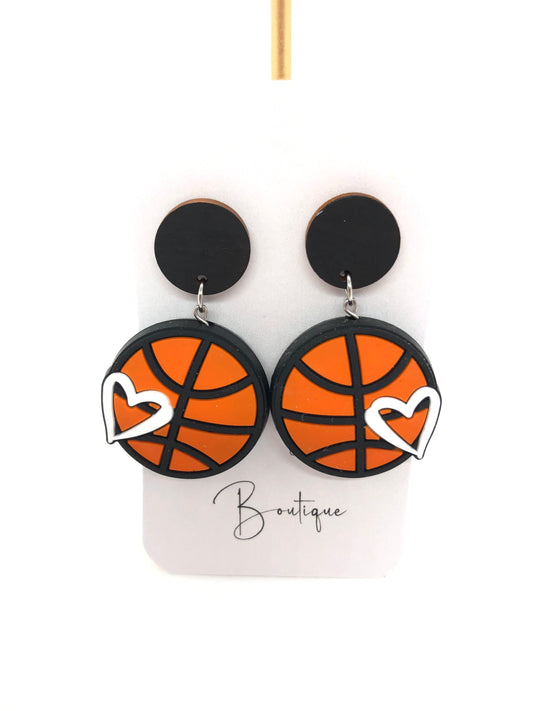 Basketball earrings-dangles-black posts-heart