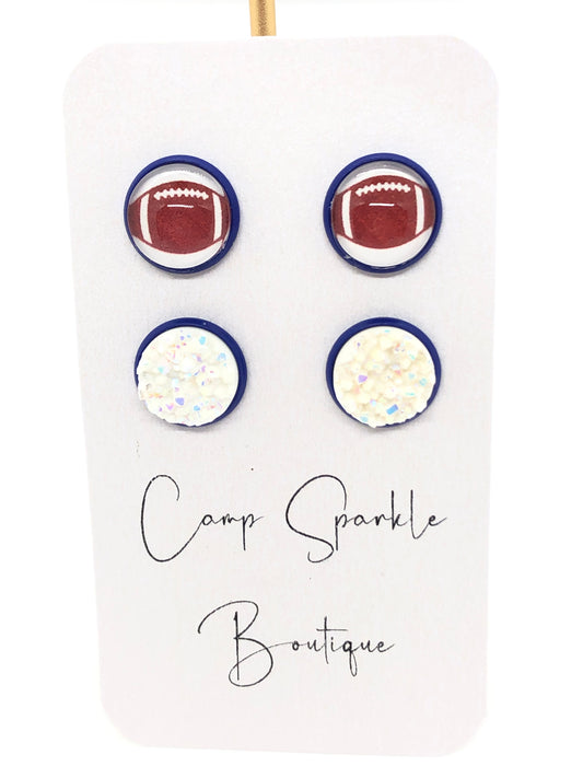 Football earrings-posts-white glitter/blue-double set