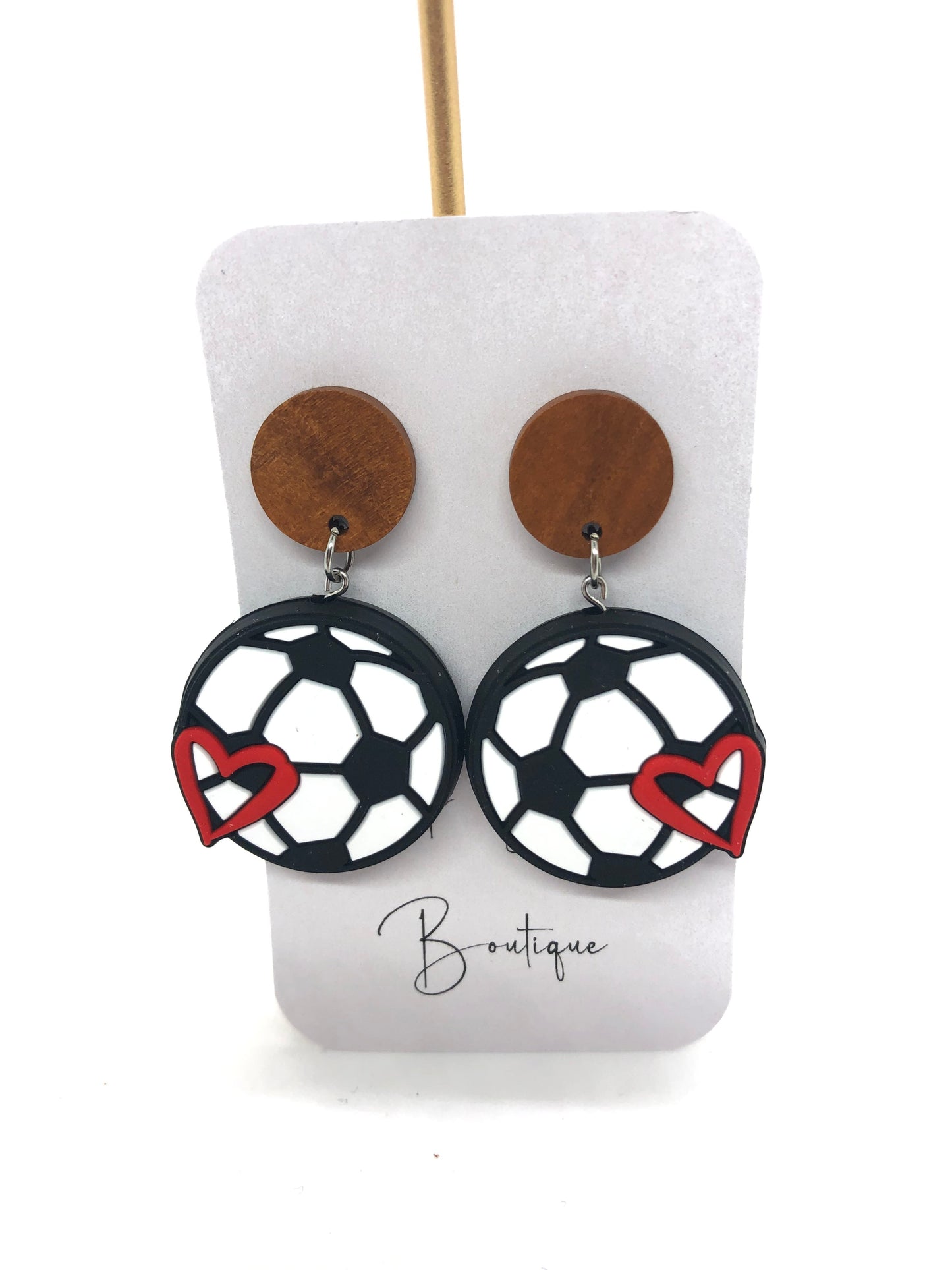 Soccer earrings-dangles-brown wood posts-heart