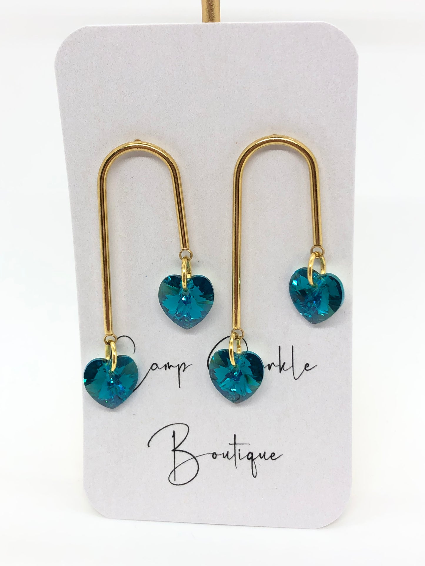 Swarovski teal hearts earrings-arch-gold