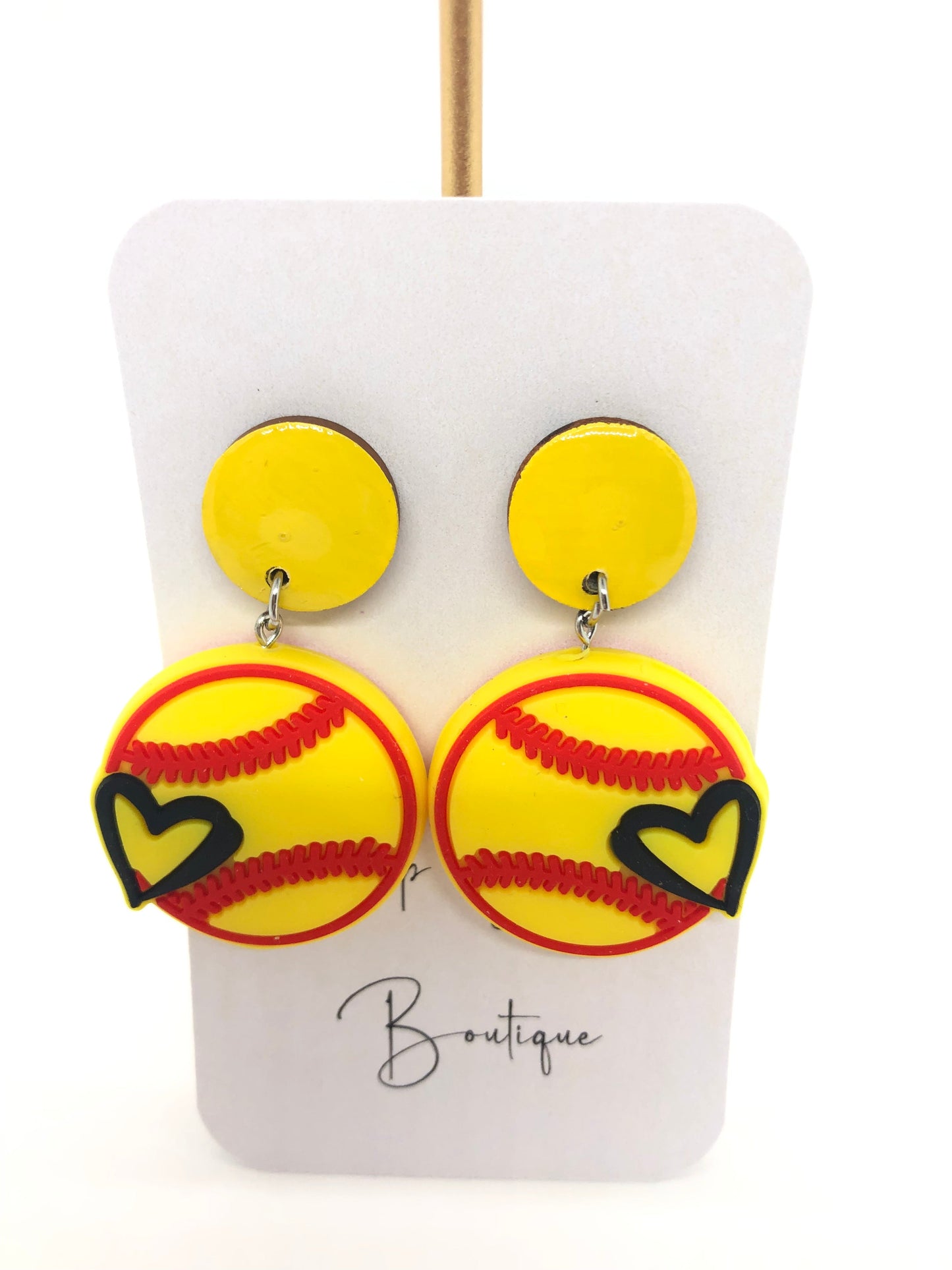 Softball earrings-dangle-yellow posts-heart