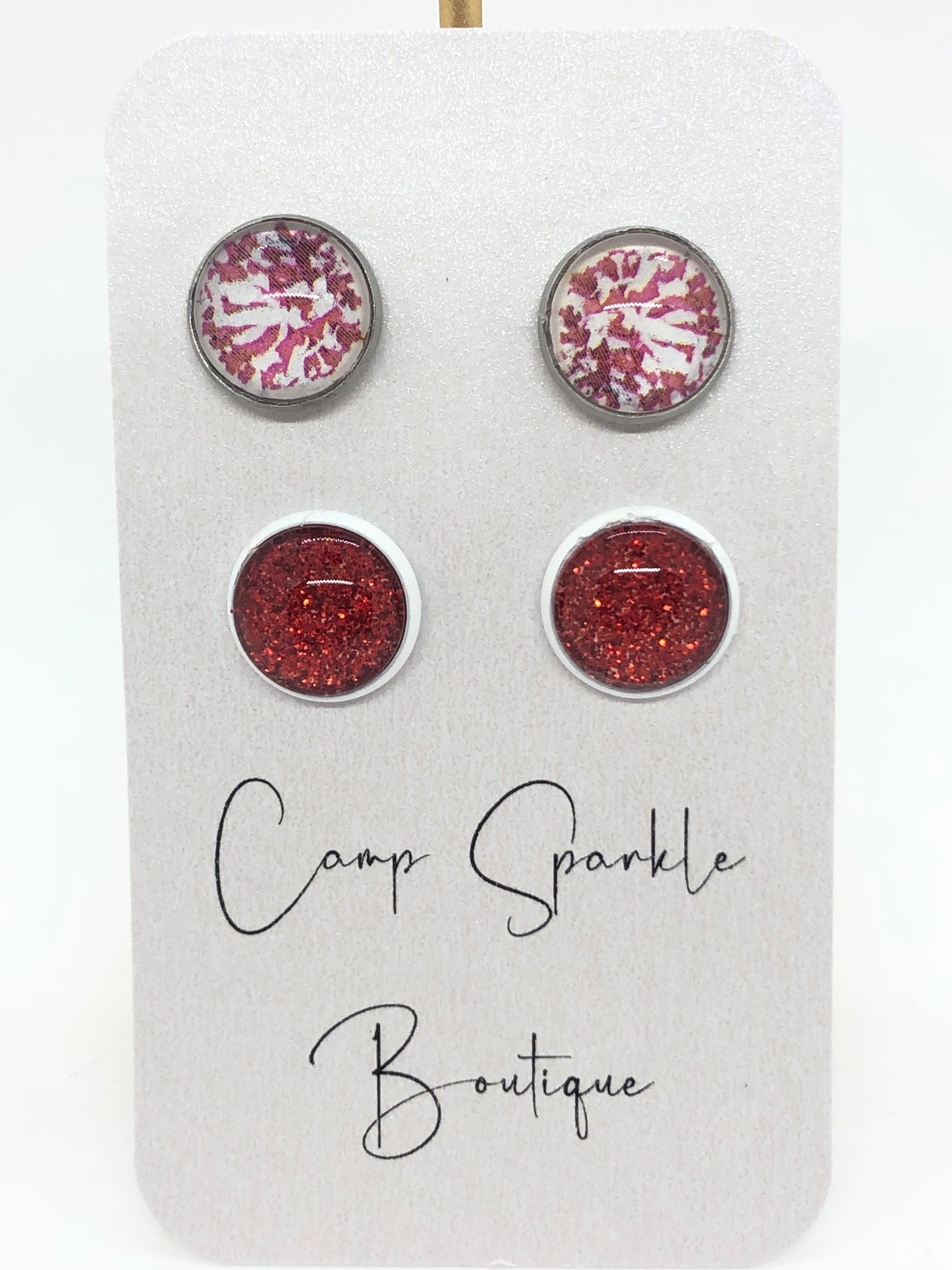 Pom poms earrings-posts-red-double set