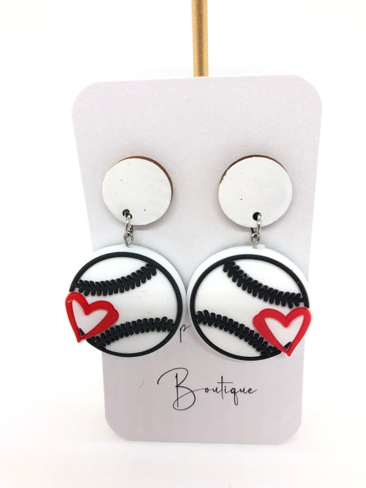 Baseball earrings-dangles-white circle posts-heart