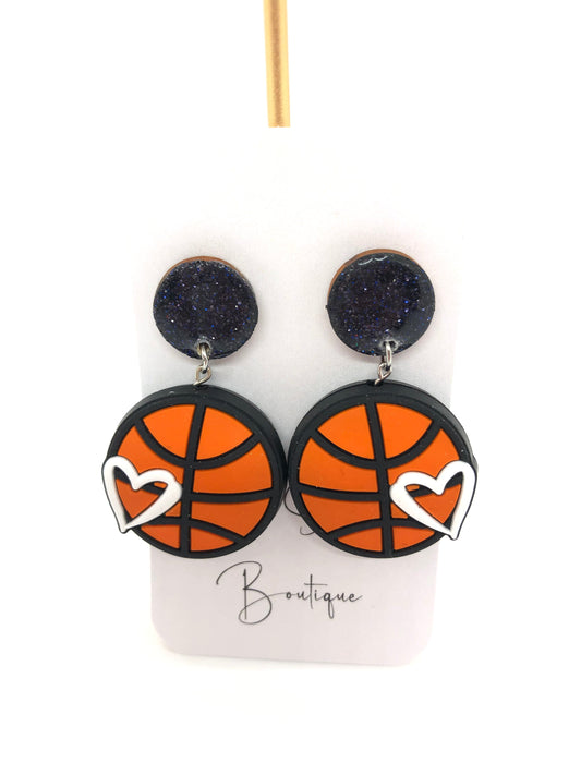 Basketball earrings-dangles-black sparkle posts-heart