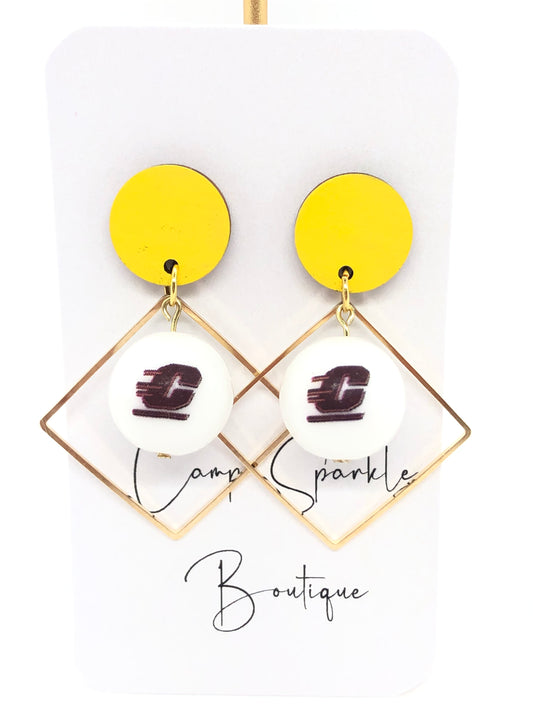 Central Michigan University earrings-dangle-yellow circle posts-diamond