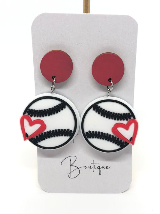 Baseball earrings-dangles-red circle posts-heart